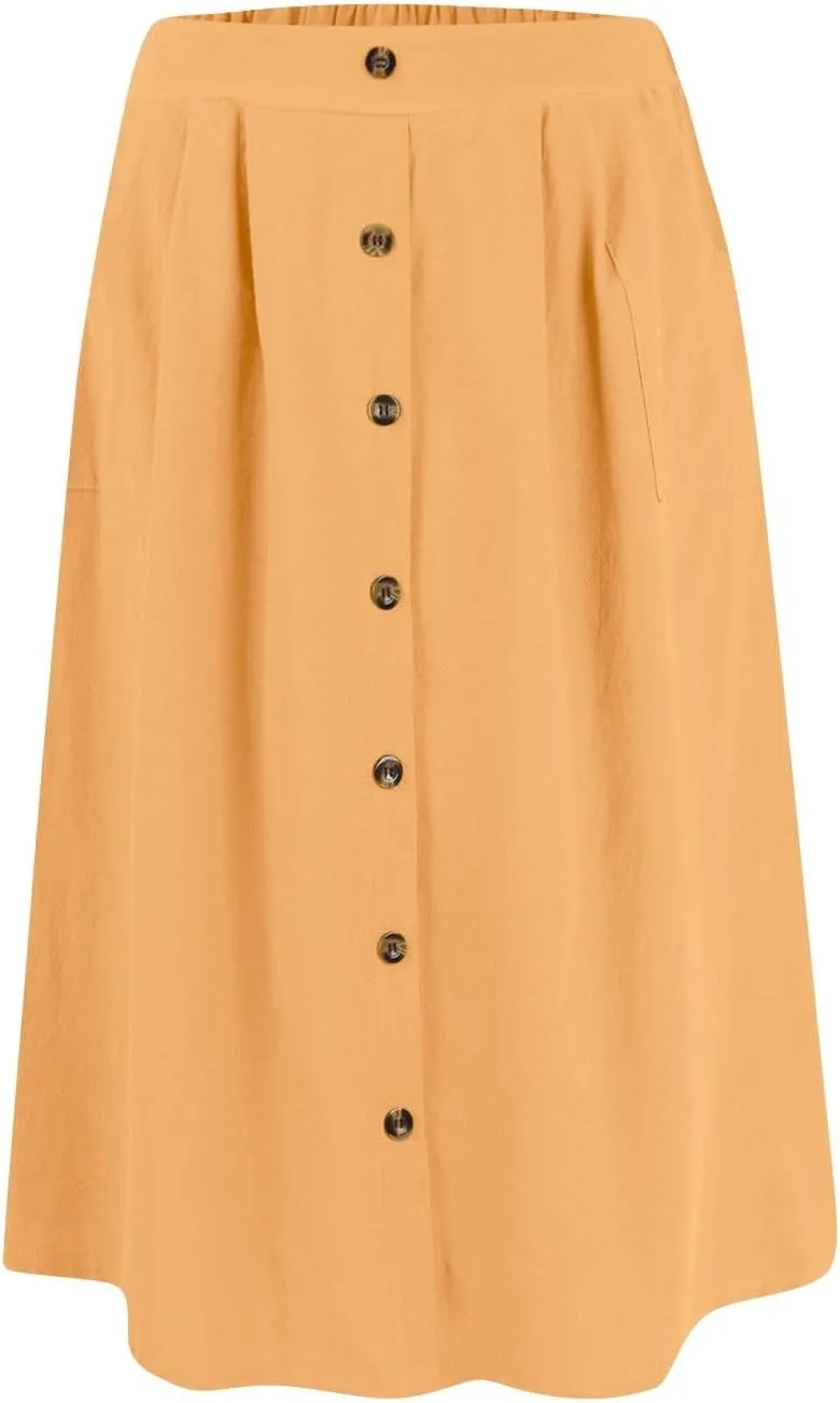 A Line Midi Skirt for Womens Vintage Front Button Swing Skirts Summer Casual High Waisted Pleated Midi Skirt with Pockets