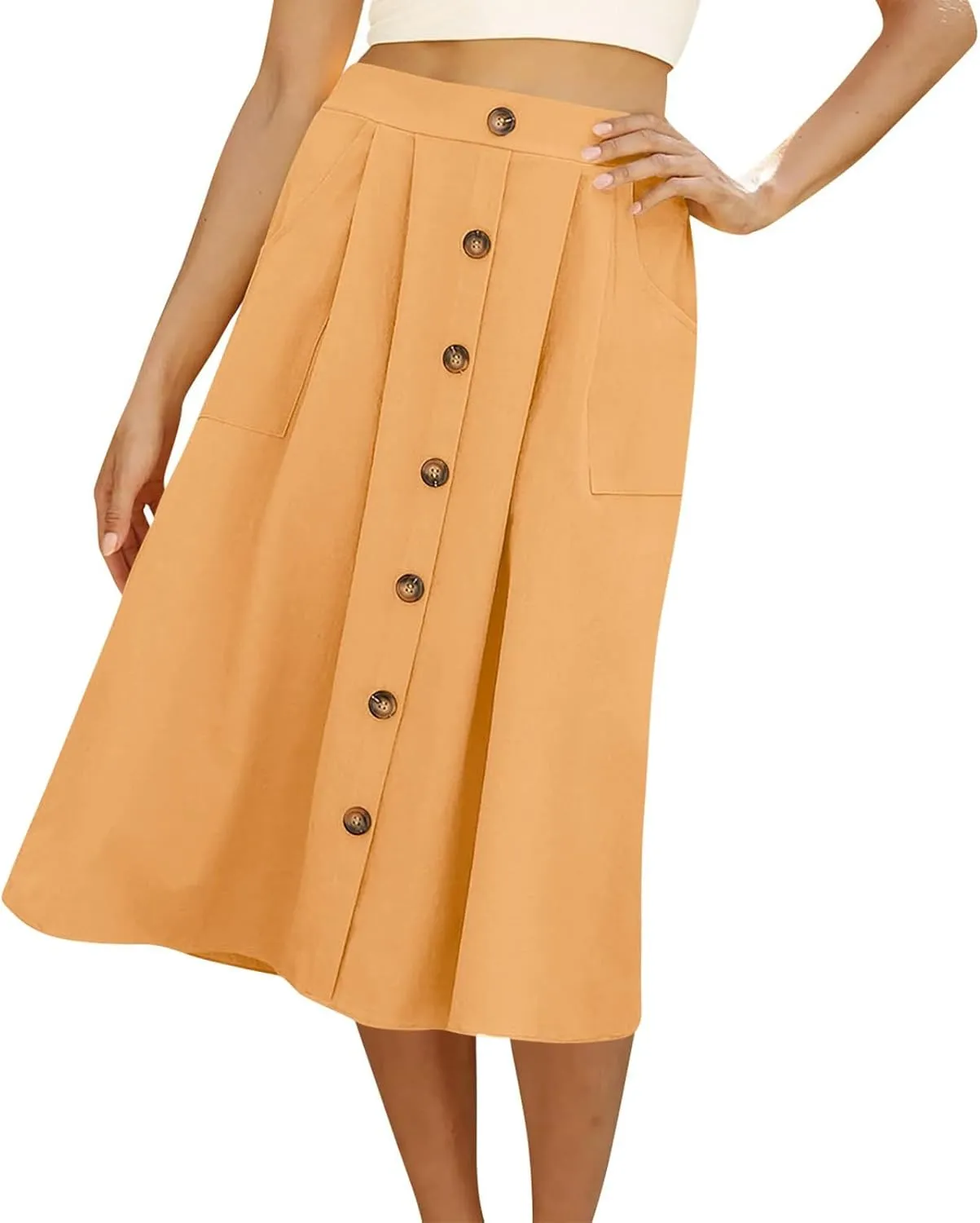 A Line Midi Skirt for Womens Vintage Front Button Swing Skirts Summer Casual High Waisted Pleated Midi Skirt with Pockets