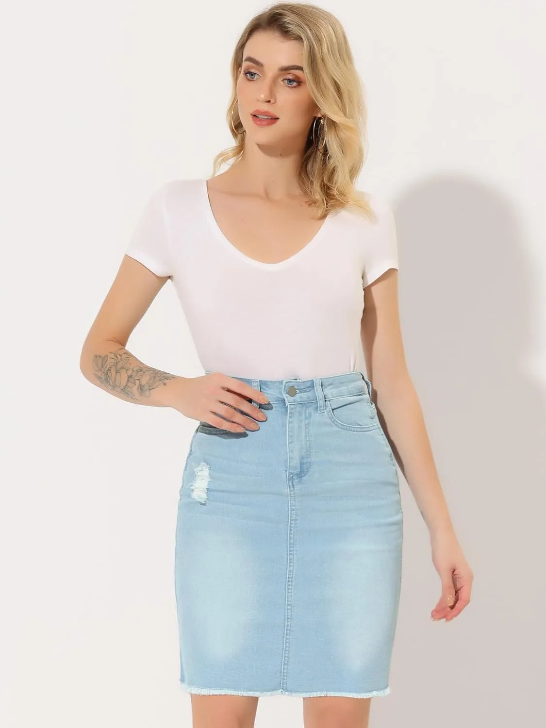Allegra K Denim Skirt for Women's Casual Distressed Knee Length Jeans Skirts