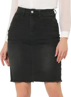Allegra K Denim Skirt for Women's Casual Distressed Knee Length Jeans Skirts
