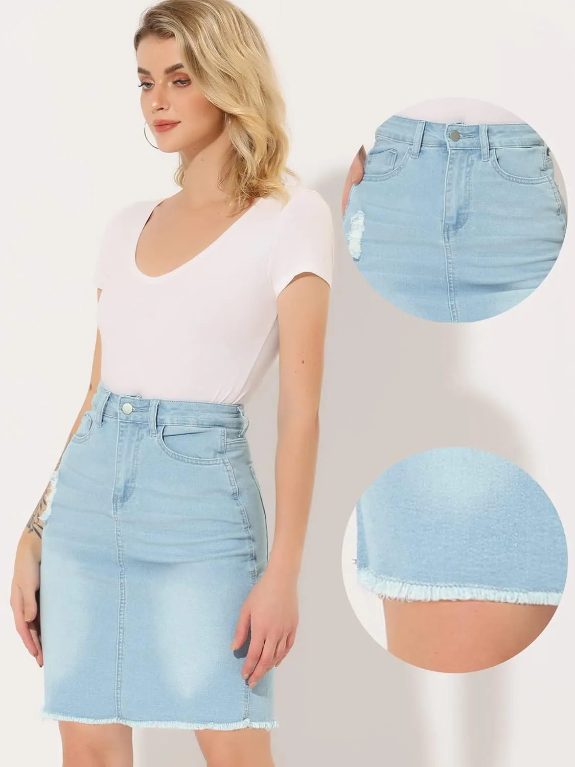 Allegra K Denim Skirt for Women's Casual Distressed Knee Length Jeans Skirts
