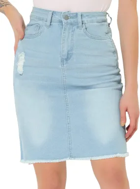 Allegra K Denim Skirt for Women's Casual Distressed Knee Length Jeans Skirts