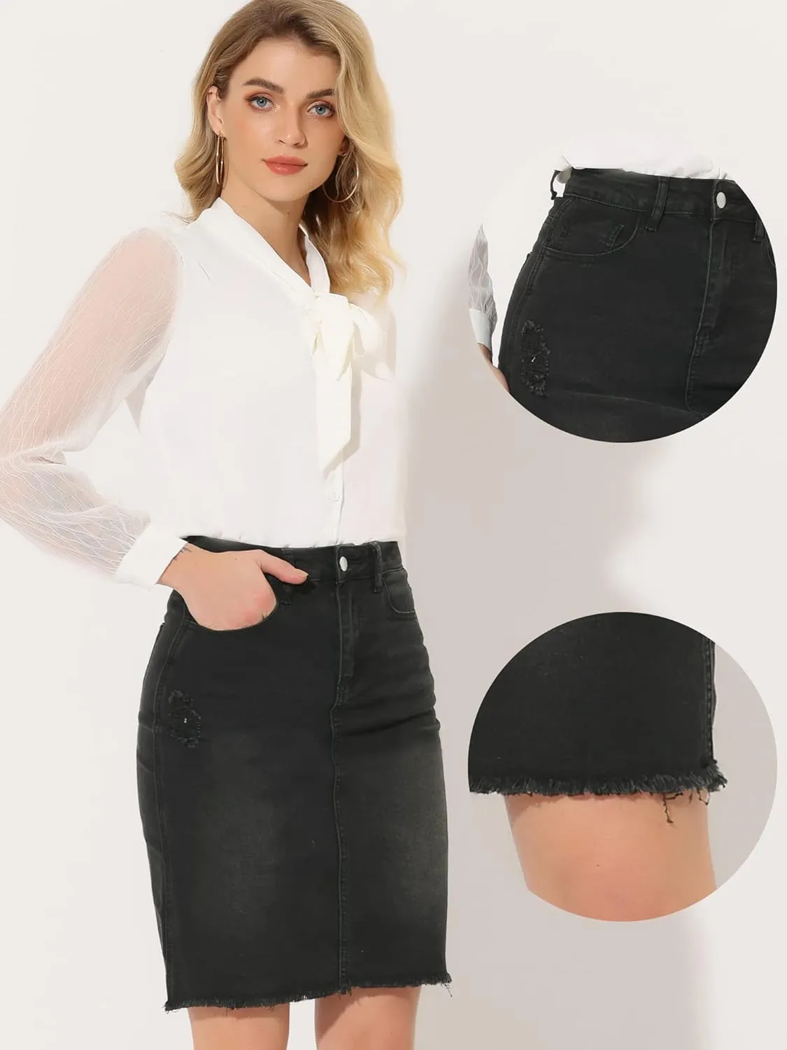 Allegra K Denim Skirt for Women's Casual Distressed Knee Length Jeans Skirts