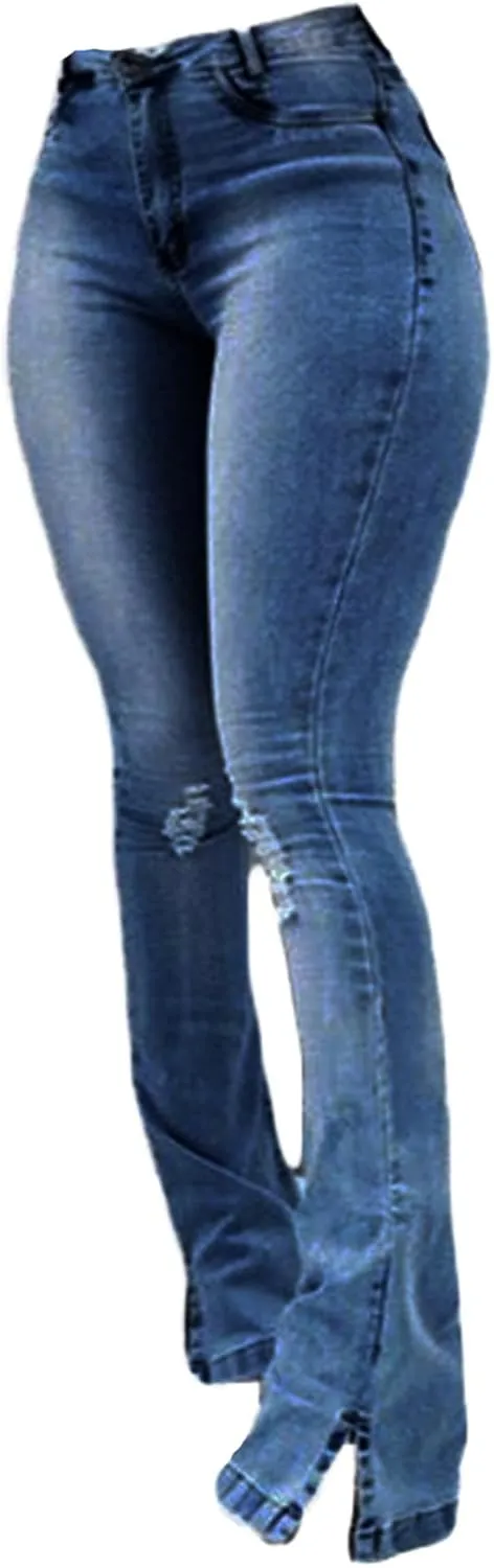 Andongnywell High Waisted Bell Bottom Jeans Women Skinny Ripped Jean Slim Fit Flared Denim Pants Stretch Boot Cut Trousers