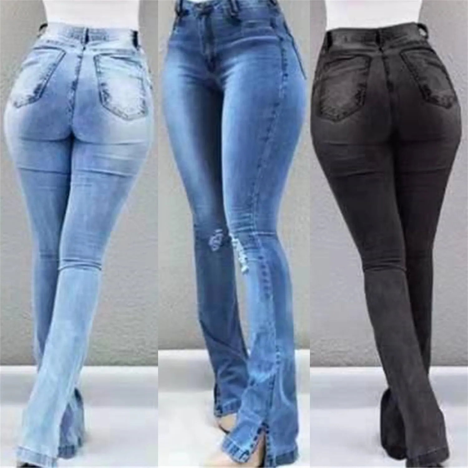 Andongnywell High Waisted Bell Bottom Jeans Women Skinny Ripped Jean Slim Fit Flared Denim Pants Stretch Boot Cut Trousers