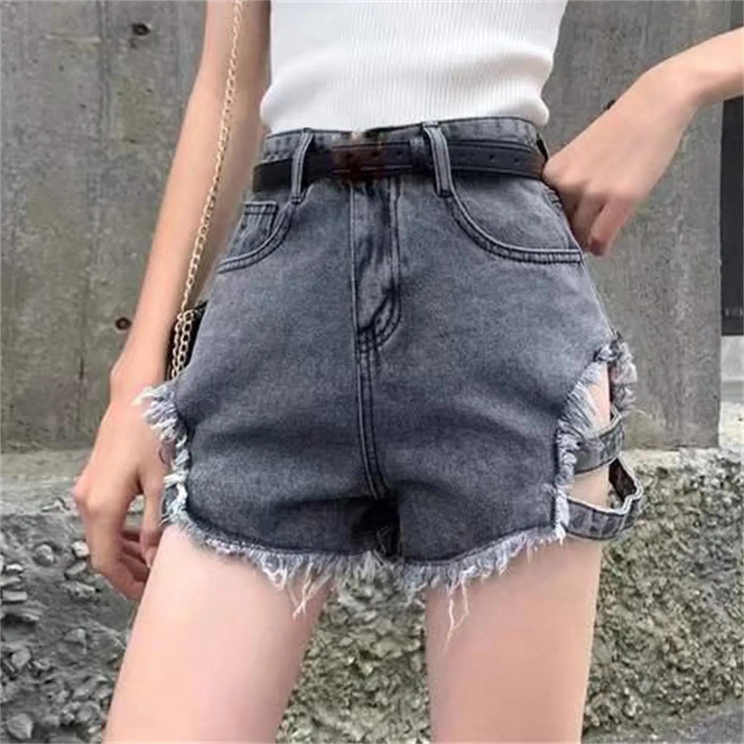 Andongnywell Ripped Frayed Denim Shorts for Women Fall Raw Hem Jean Shorts High Waist Distressed Hotpants