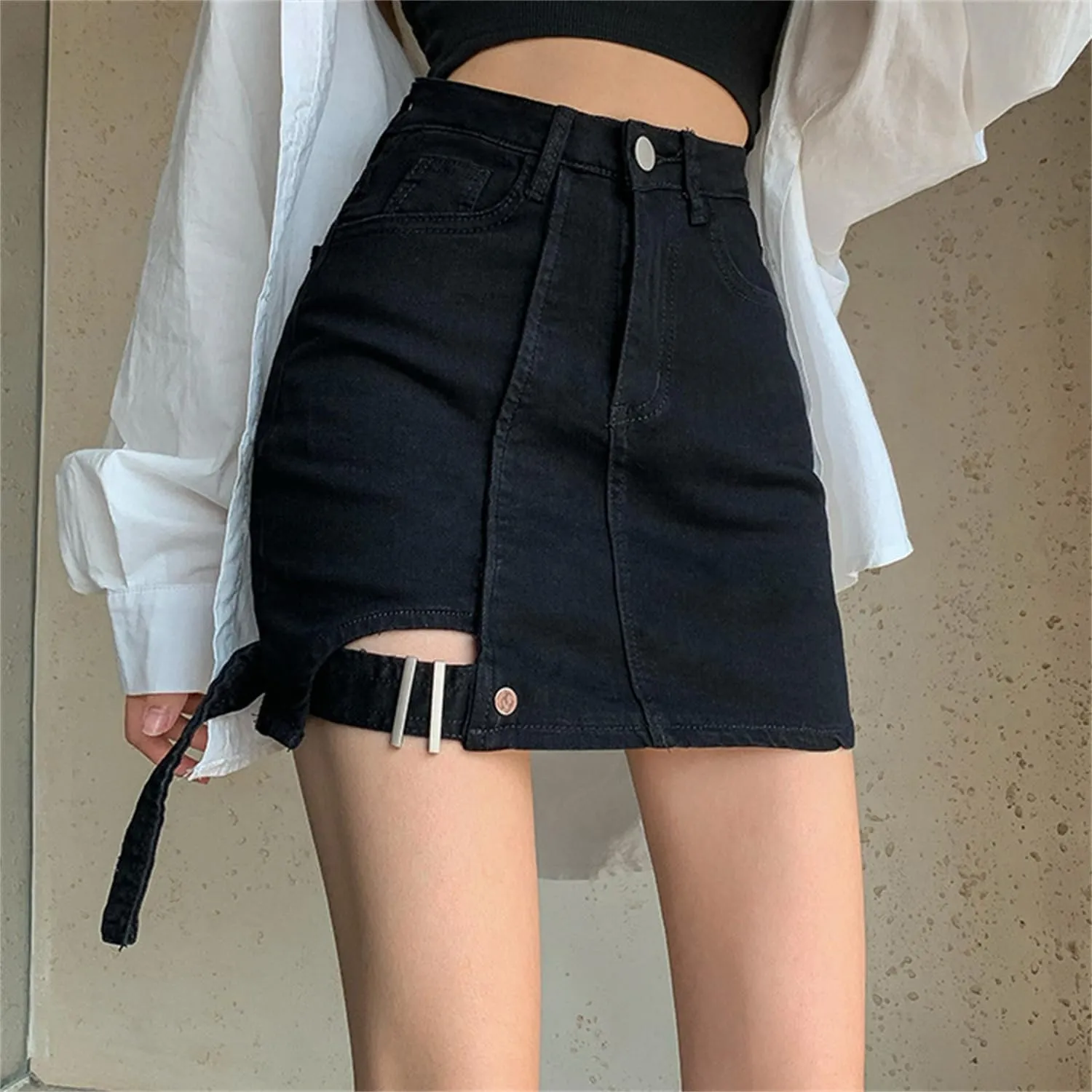 Andongnywell Women Casual Skirt Shorts Buttoned Strap Hem High Waist Denim Skorts Summer Pockets Distressed Jean Shorts