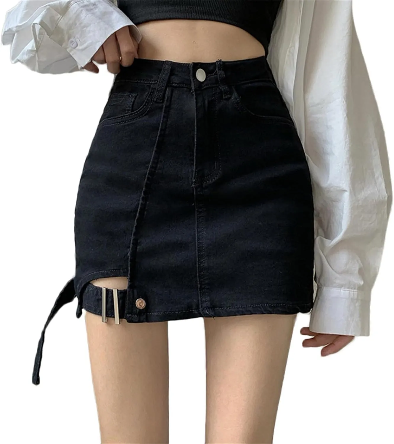 Andongnywell Women Casual Skirt Shorts Buttoned Strap Hem High Waist Denim Skorts Summer Pockets Distressed Jean Shorts
