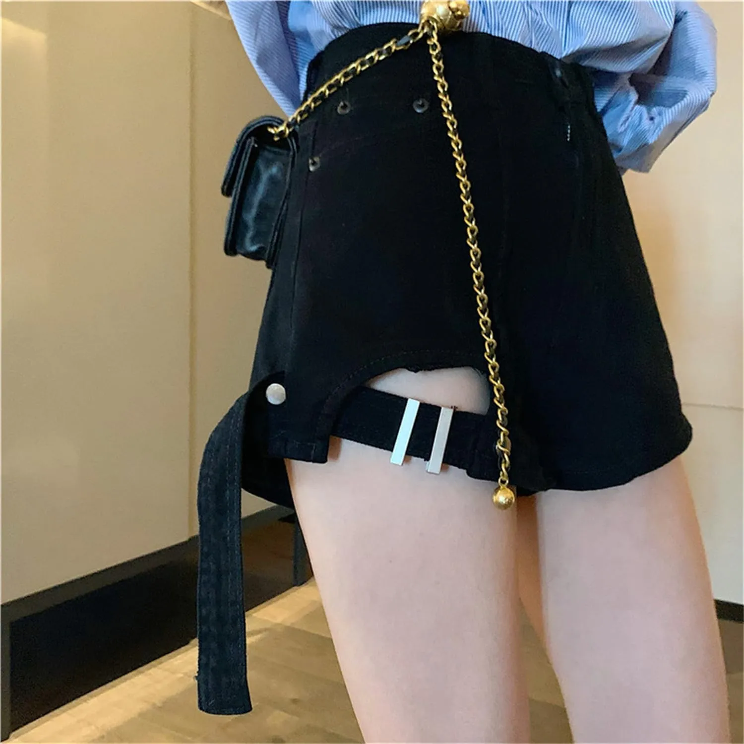 Andongnywell Women Casual Skirt Shorts Buttoned Strap Hem High Waist Denim Skorts Summer Pockets Distressed Jean Shorts