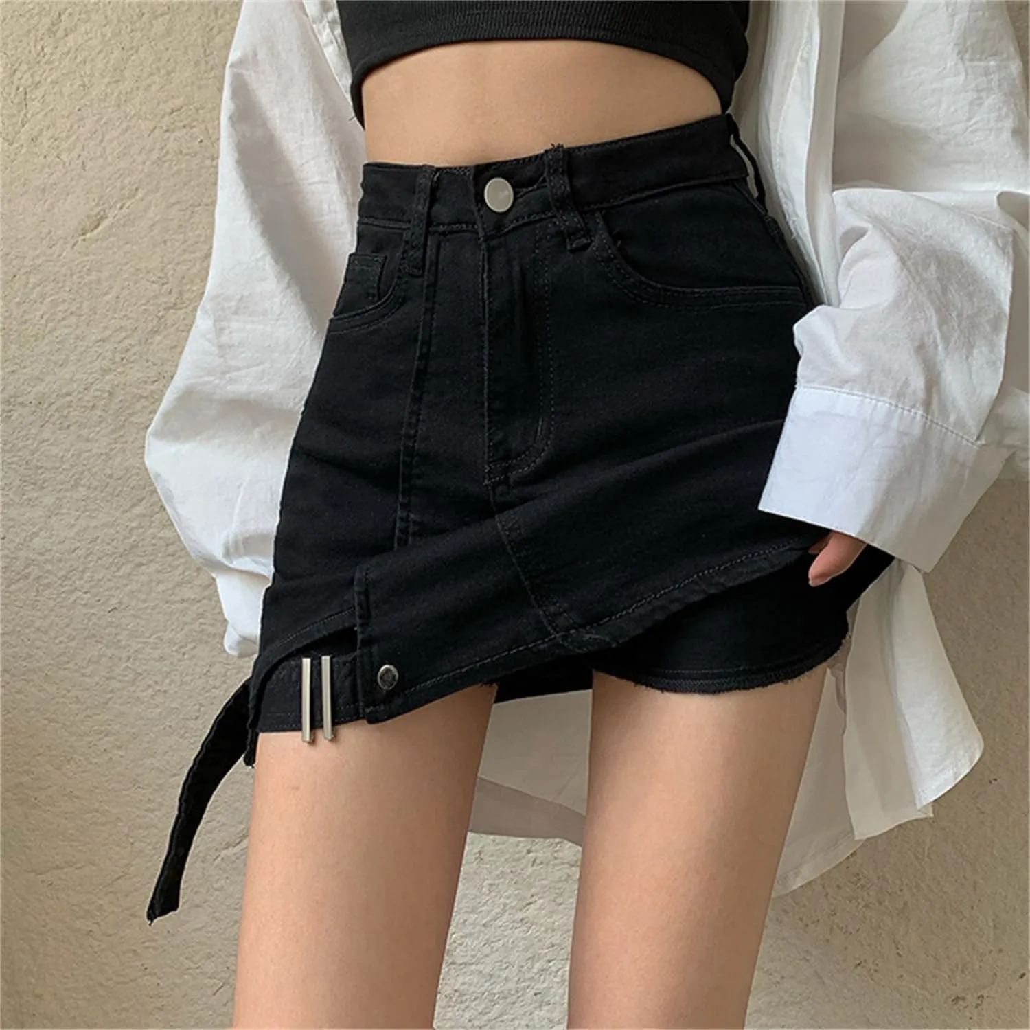 Andongnywell Women Casual Skirt Shorts Buttoned Strap Hem High Waist Denim Skorts Summer Pockets Distressed Jean Shorts