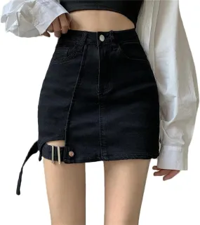 Andongnywell Women Casual Skirt Shorts Buttoned Strap Hem High Waist Denim Skorts Summer Pockets Distressed Jean Shorts