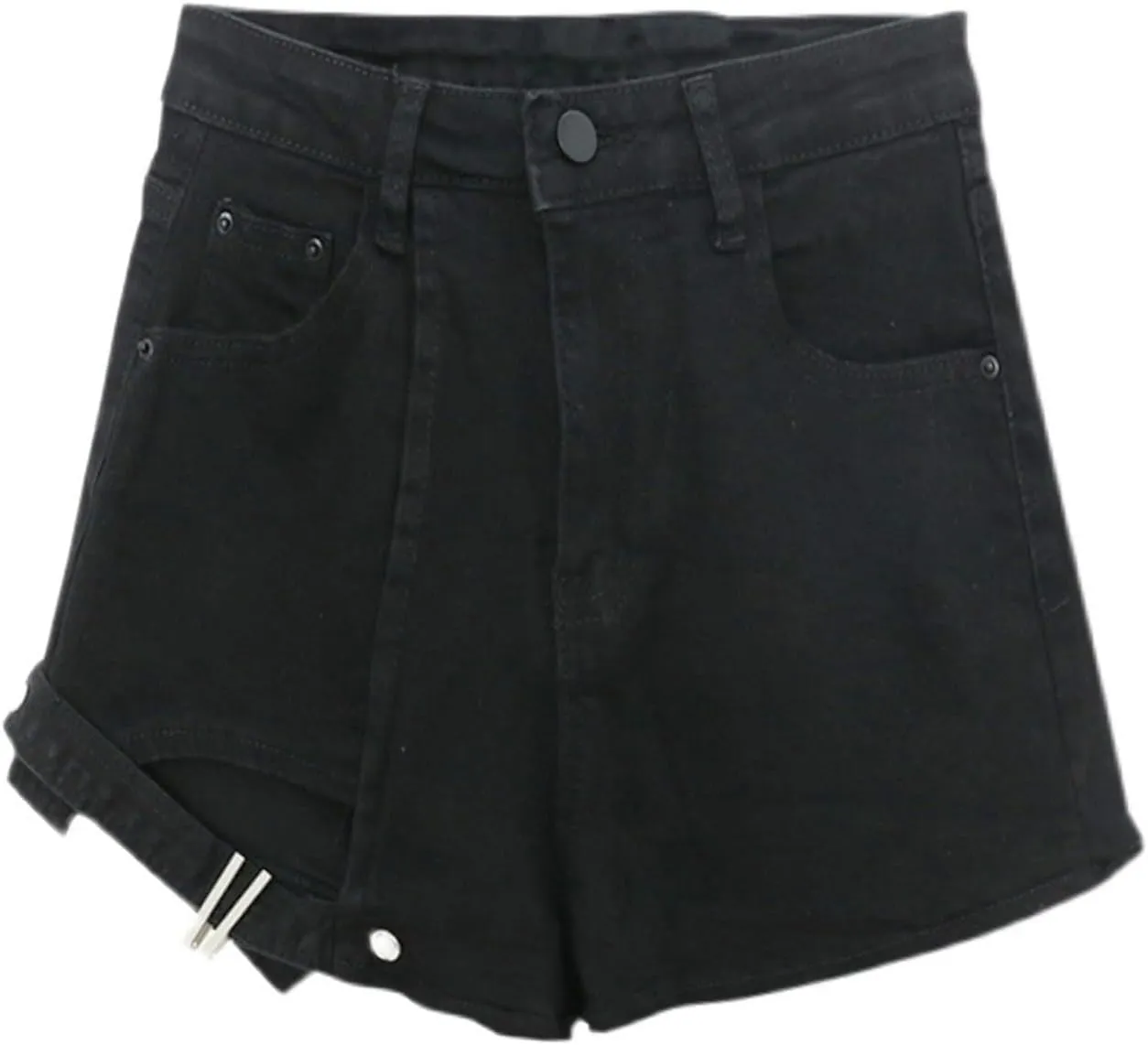 Andongnywell Women Casual Skirt Shorts Buttoned Strap Hem High Waist Denim Skorts Summer Pockets Distressed Jean Shorts