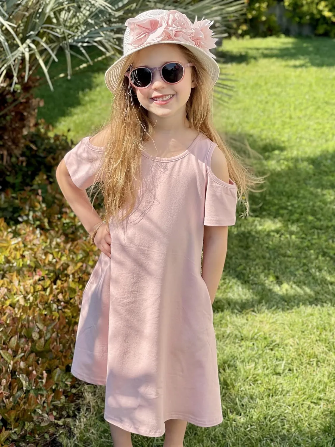 Arshiner Girls Summer Dress Short Sleeve Cold Shoulder Solid Color Swing Casual Dresses with Pockets