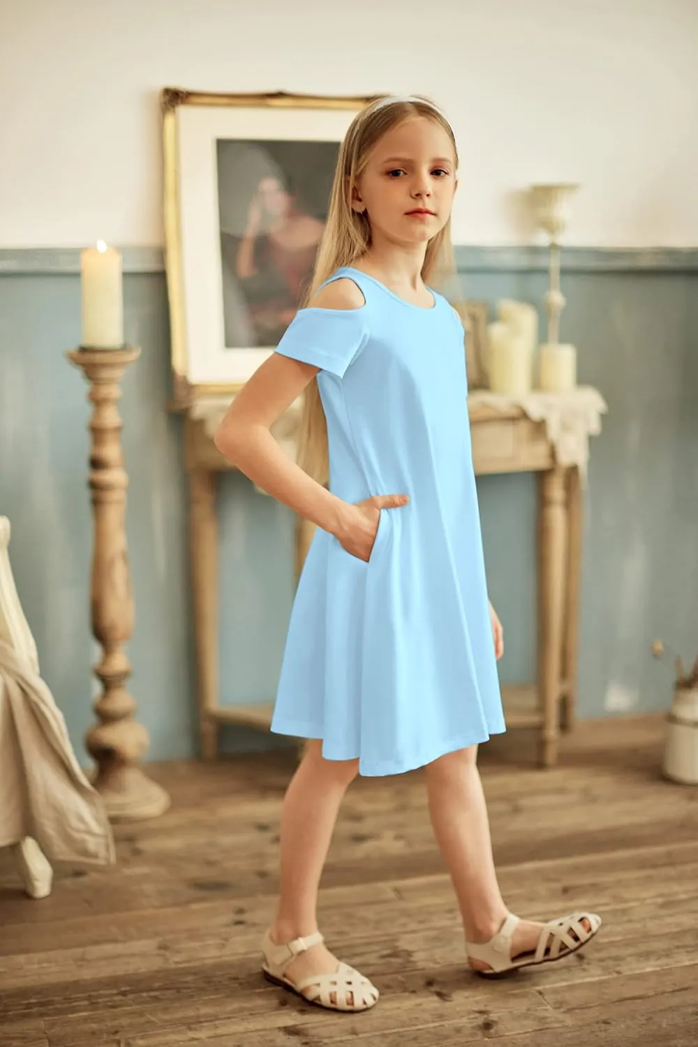 Arshiner Girls Summer Dress Short Sleeve Cold Shoulder Solid Color Swing Casual Dresses with Pockets