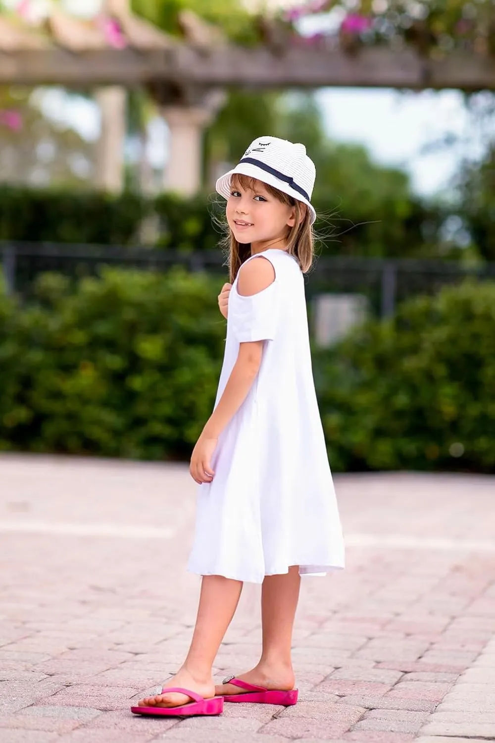 Arshiner Girls Summer Dress Short Sleeve Cold Shoulder Solid Color Swing Casual Dresses with Pockets