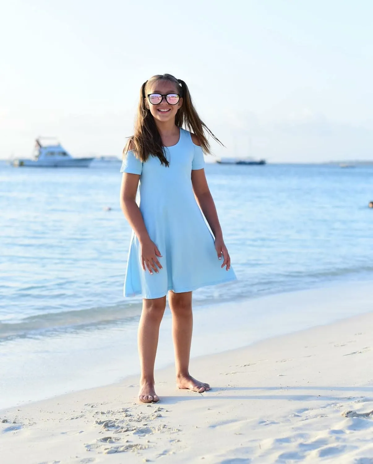 Arshiner Girls Summer Dress Short Sleeve Cold Shoulder Solid Color Swing Casual Dresses with Pockets