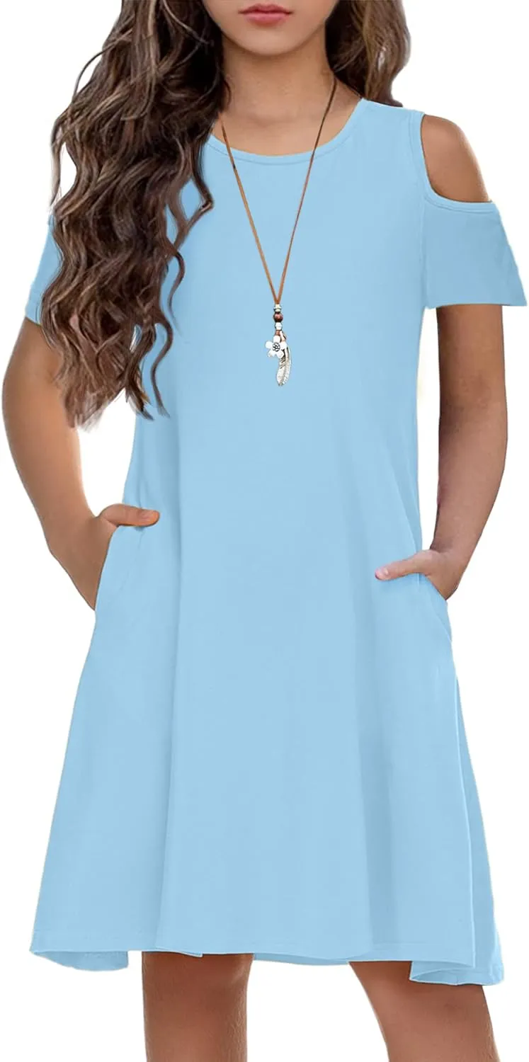 Arshiner Girls Summer Dress Short Sleeve Cold Shoulder Solid Color Swing Casual Dresses with Pockets