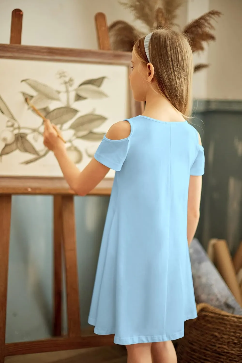 Arshiner Girls Summer Dress Short Sleeve Cold Shoulder Solid Color Swing Casual Dresses with Pockets