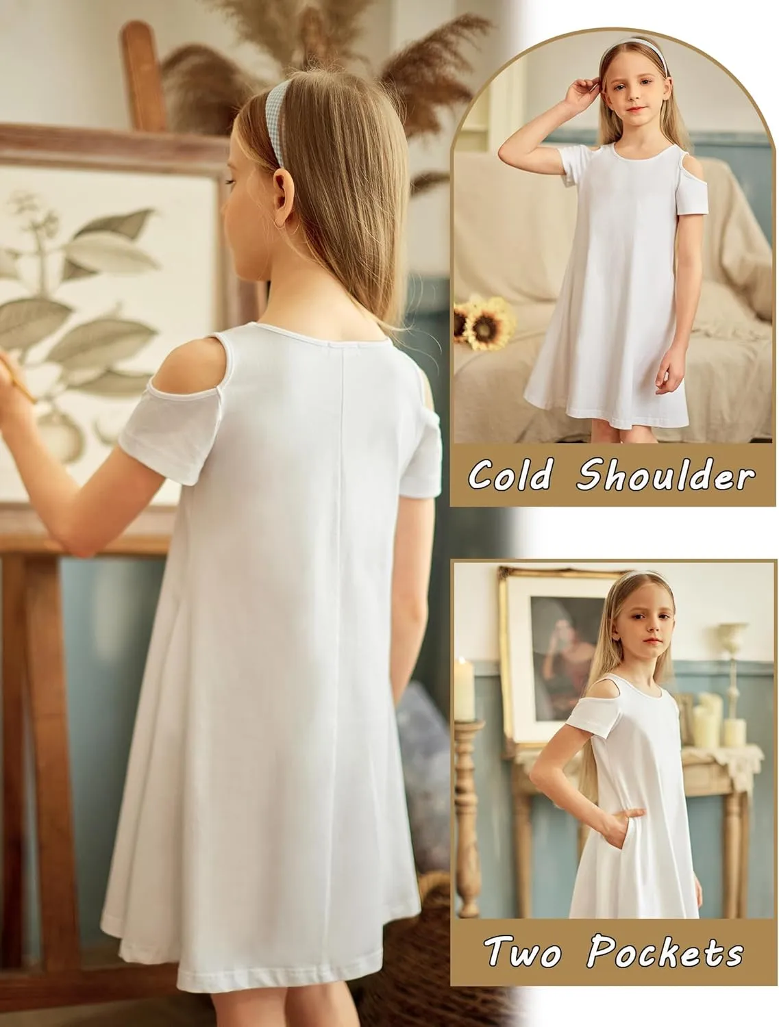 Arshiner Girls Summer Dress Short Sleeve Cold Shoulder Solid Color Swing Casual Dresses with Pockets