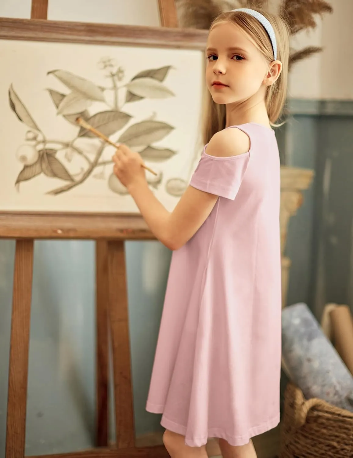 Arshiner Girls Summer Dress Short Sleeve Cold Shoulder Solid Color Swing Casual Dresses with Pockets