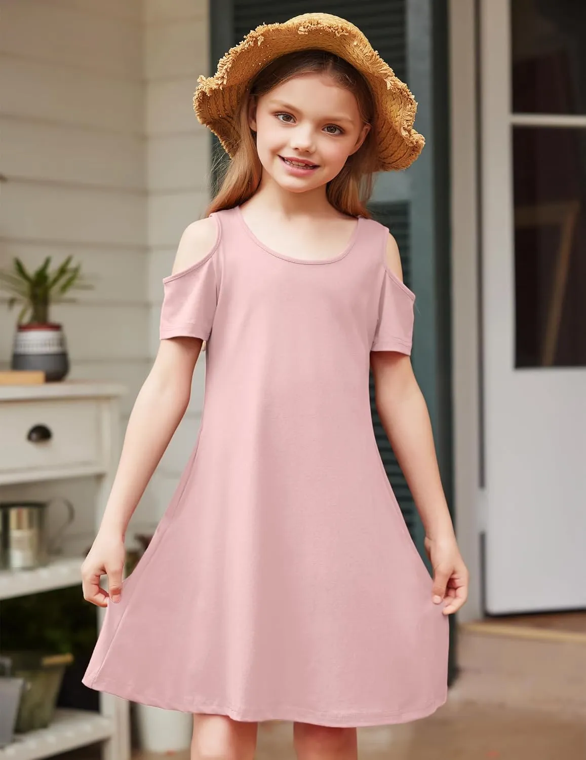 Arshiner Girls Summer Dress Short Sleeve Cold Shoulder Solid Color Swing Casual Dresses with Pockets