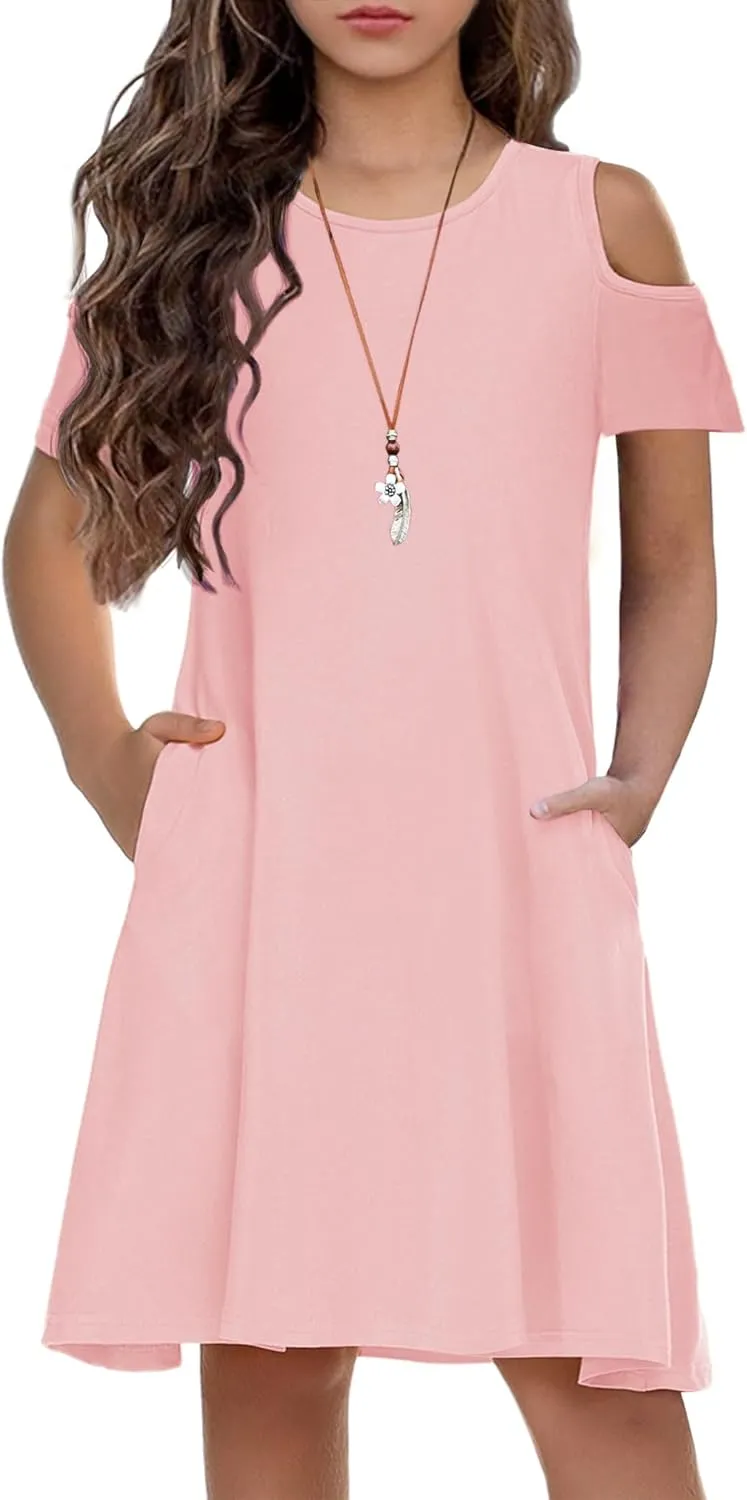 Arshiner Girls Summer Dress Short Sleeve Cold Shoulder Solid Color Swing Casual Dresses with Pockets