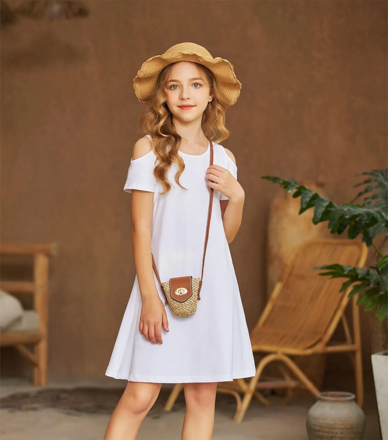 Arshiner Girls Summer Dress Short Sleeve Cold Shoulder Solid Color Swing Casual Dresses with Pockets