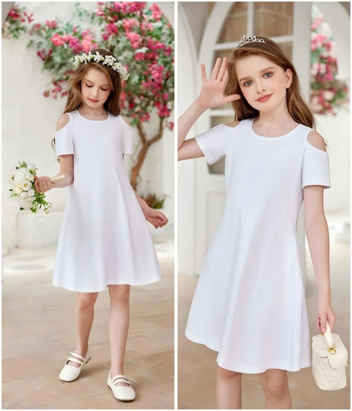Arshiner Girls Summer Dress Short Sleeve Cold Shoulder Solid Color Swing Casual Dresses with Pockets