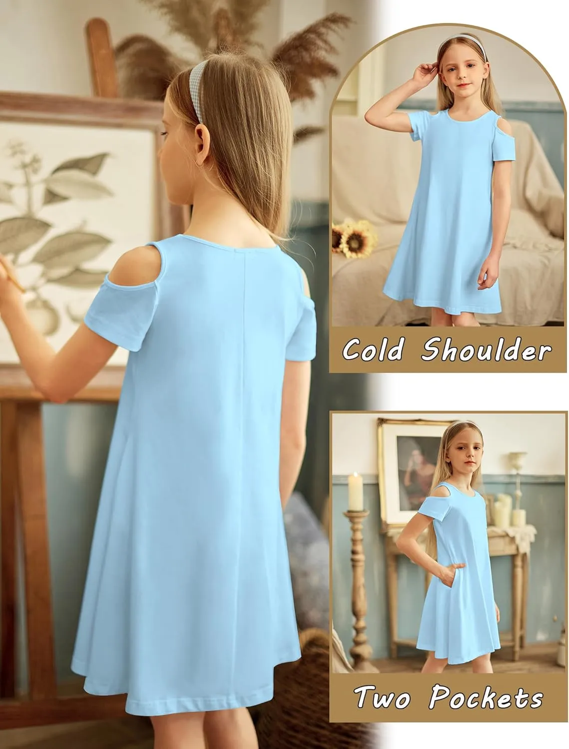 Arshiner Girls Summer Dress Short Sleeve Cold Shoulder Solid Color Swing Casual Dresses with Pockets