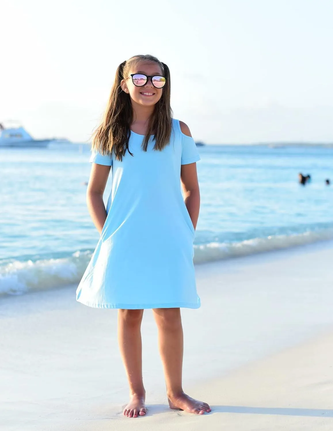Arshiner Girls Summer Dress Short Sleeve Cold Shoulder Solid Color Swing Casual Dresses with Pockets