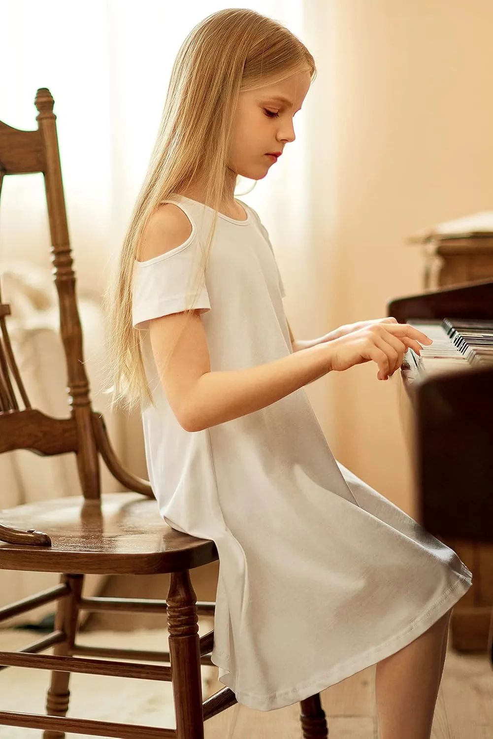 Arshiner Girls Summer Dress Short Sleeve Cold Shoulder Solid Color Swing Casual Dresses with Pockets