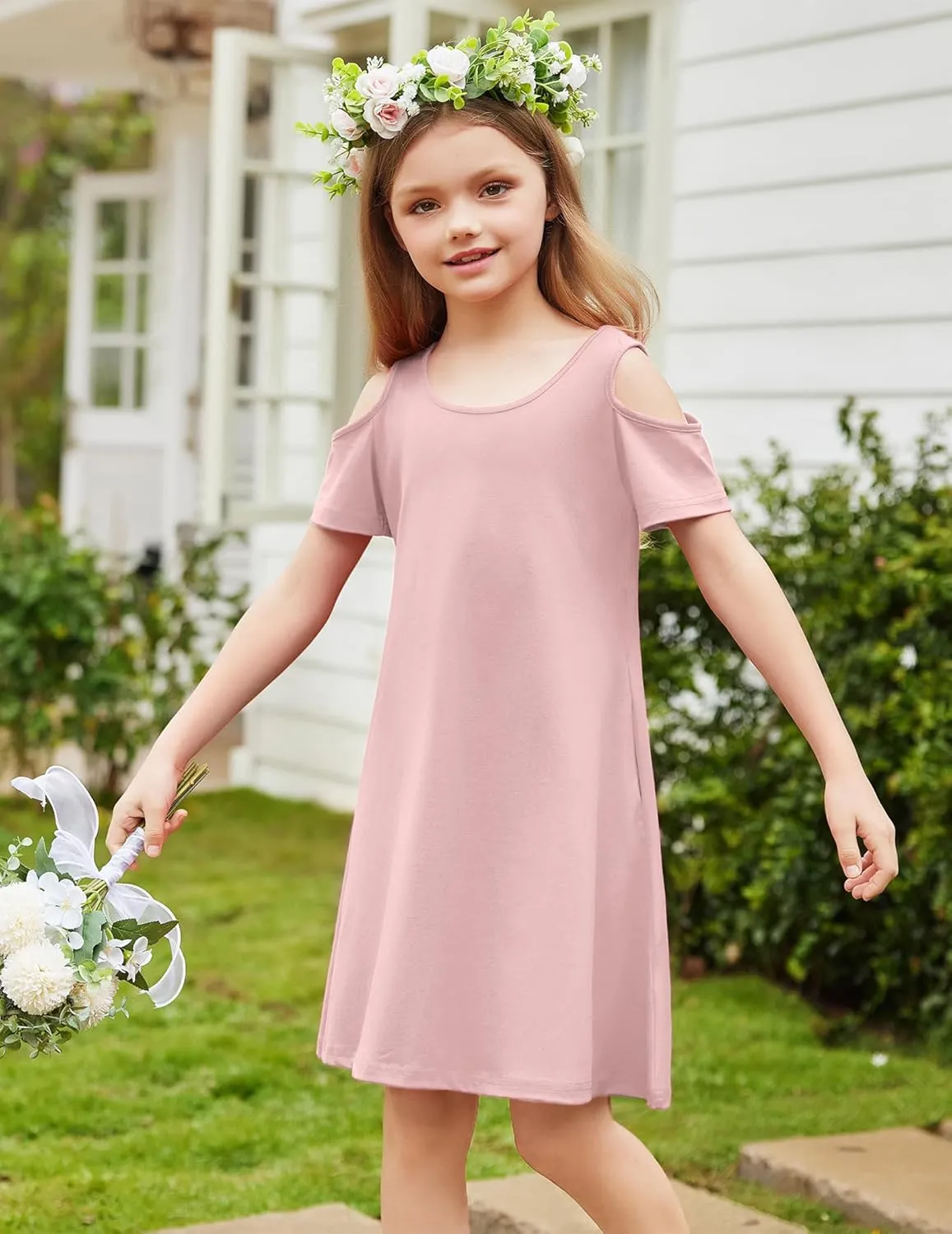Arshiner Girls Summer Dress Short Sleeve Cold Shoulder Solid Color Swing Casual Dresses with Pockets