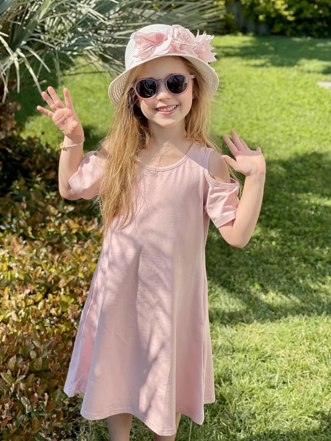 Arshiner Girls Summer Dress Short Sleeve Cold Shoulder Solid Color Swing Casual Dresses with Pockets