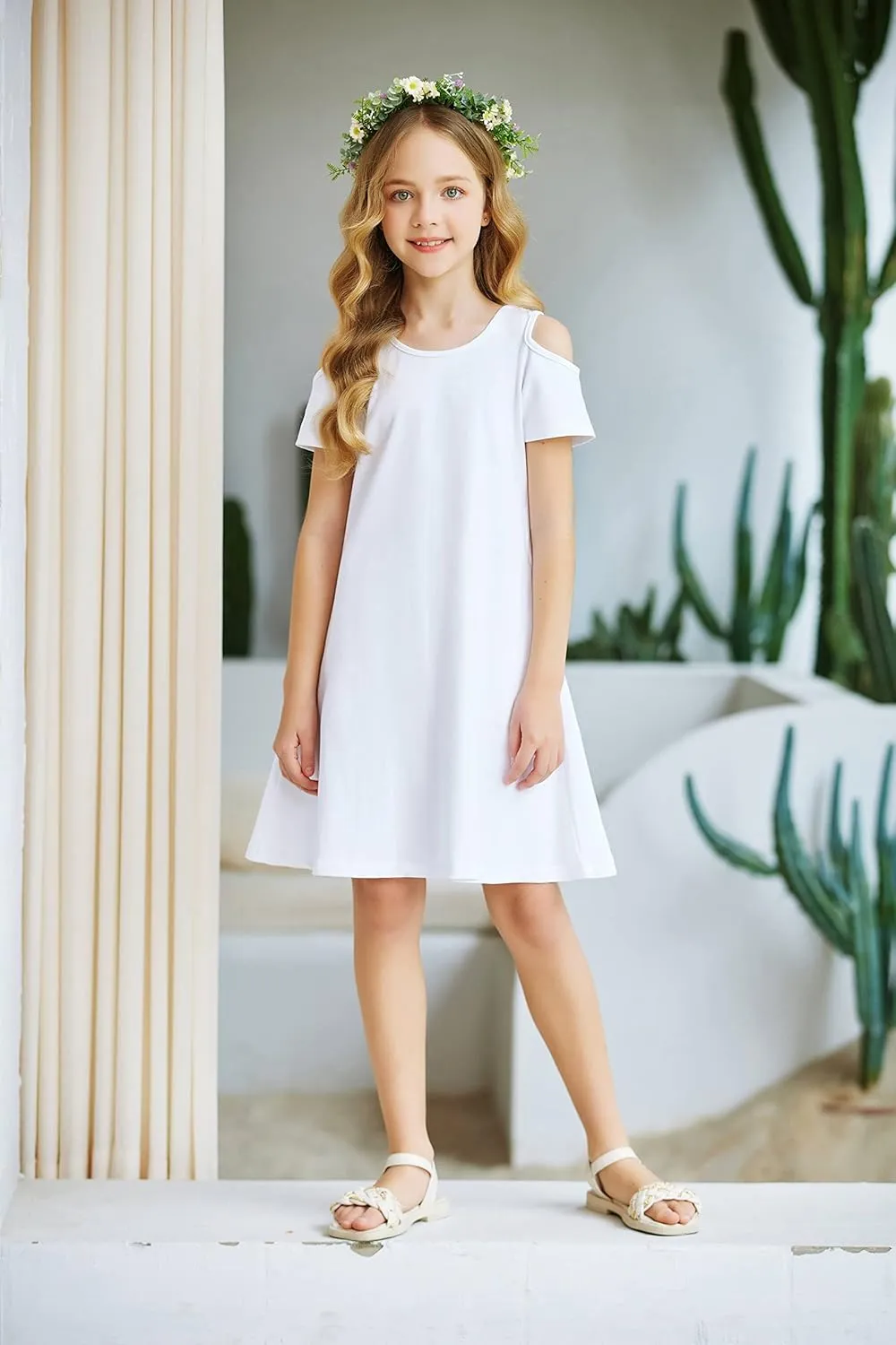 Arshiner Girls Summer Dress Short Sleeve Cold Shoulder Solid Color Swing Casual Dresses with Pockets
