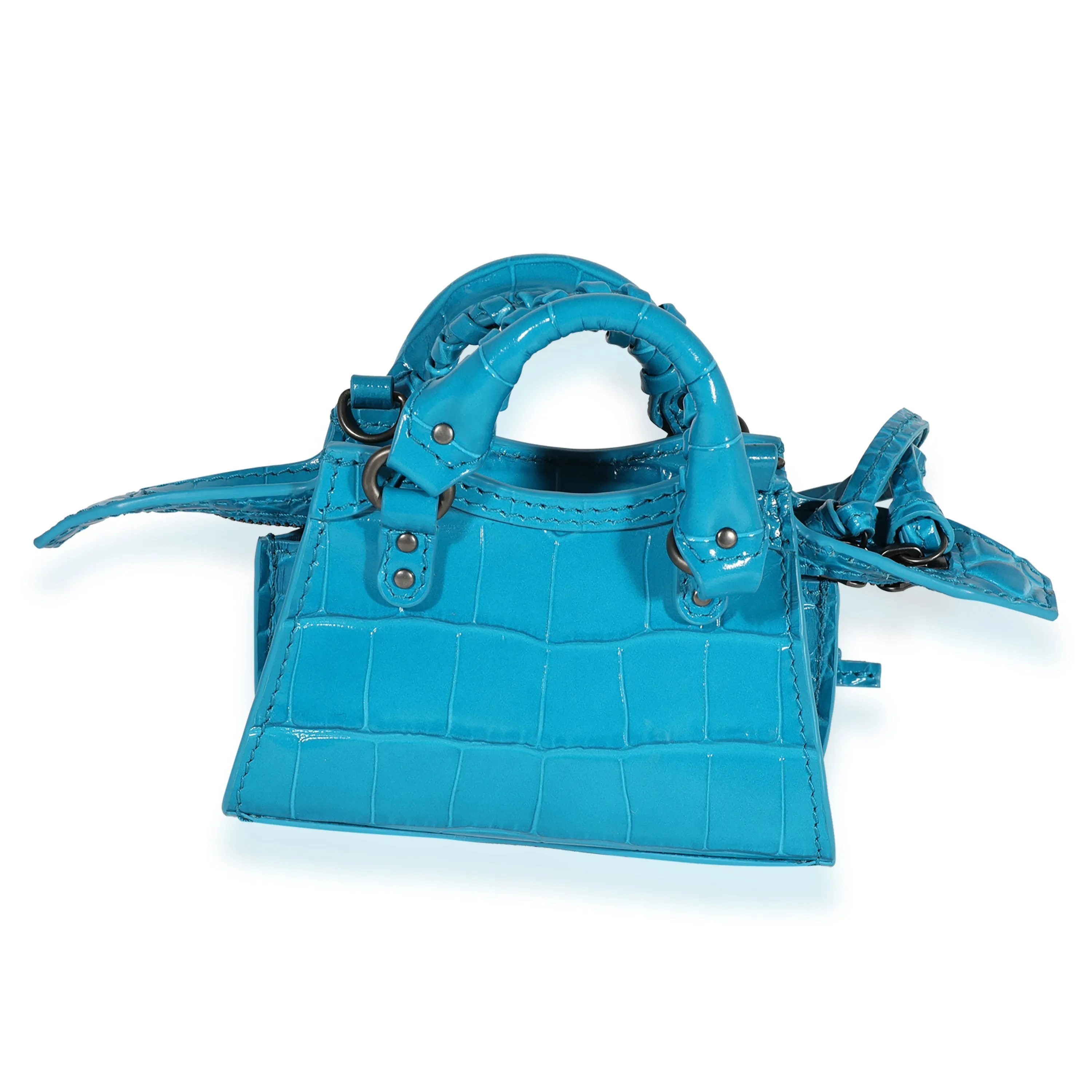 Balenciaga Bright Blue Crocodile-Embossed Neo Classic Super Nano Bag