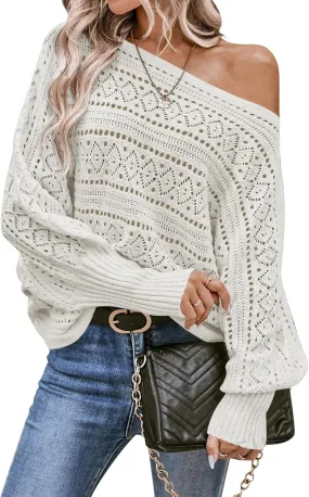 Cakulo Womens Off The Shoulder Sweater Top Fall 2025 Oversized Knit Batwing Long Sleeve Crochet Pullover Sweaters