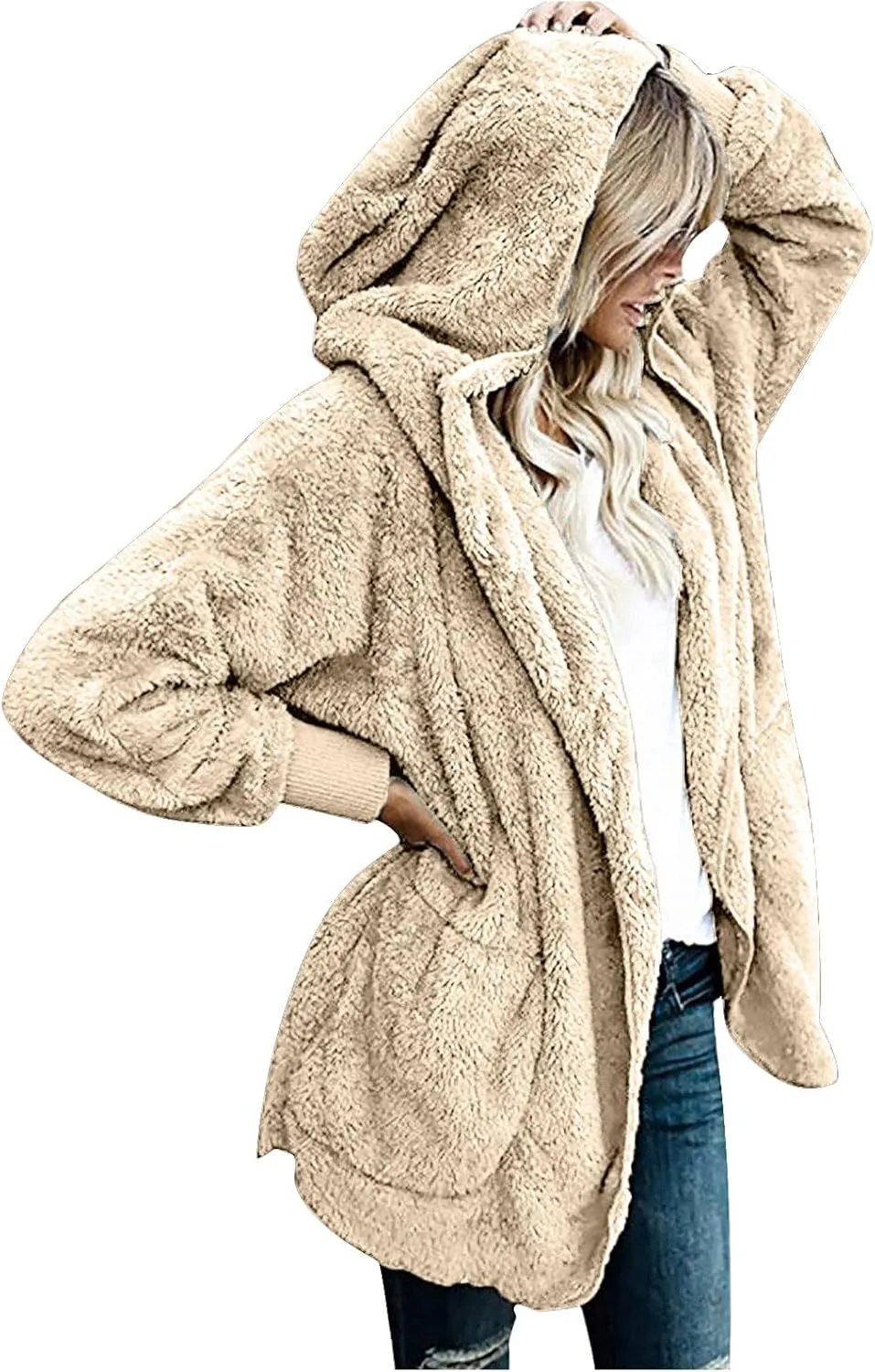 Ceboyel Womens Winter Jacket Coats Hooded Oversized Sweater Cardigan Fuzzy Fleece Shearling Jacket Trendy Warm Clothes 2023
