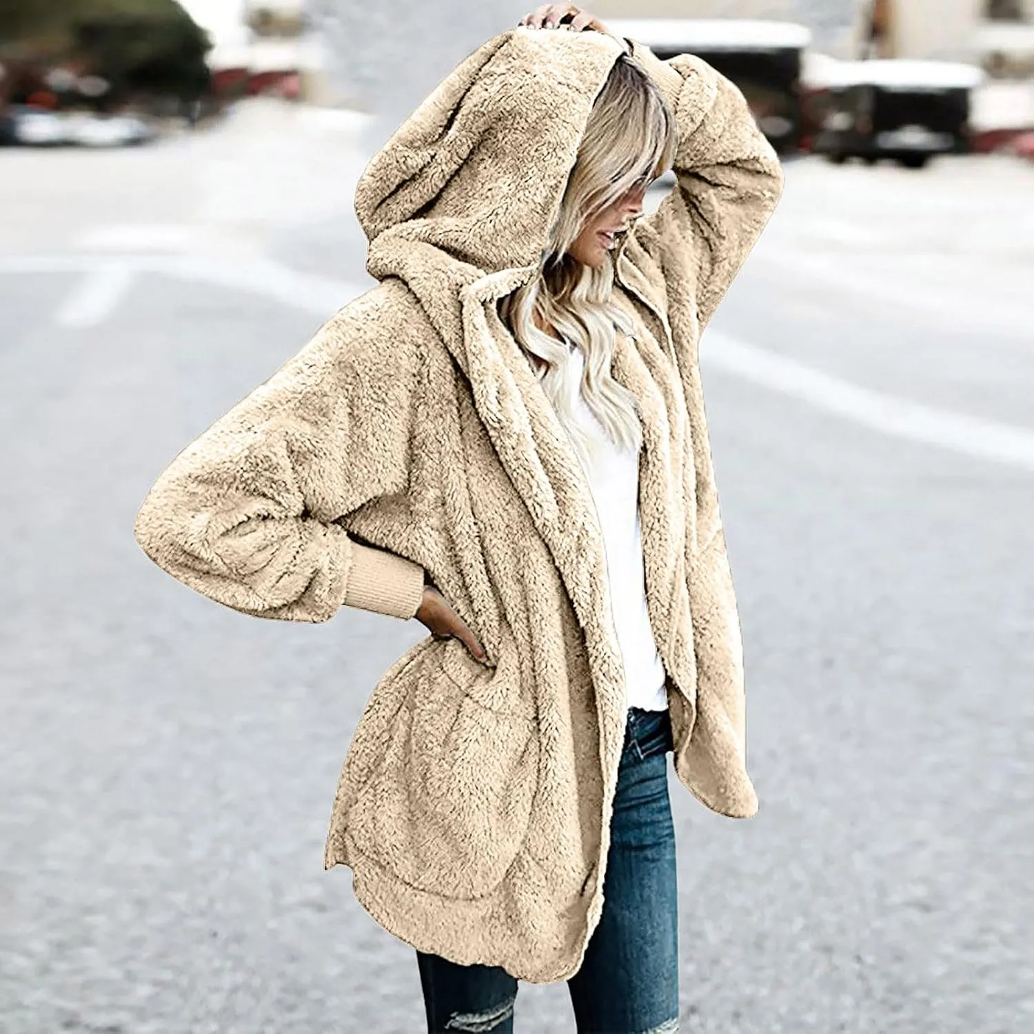 Ceboyel Womens Winter Jacket Coats Hooded Oversized Sweater Cardigan Fuzzy Fleece Shearling Jacket Trendy Warm Clothes 2023