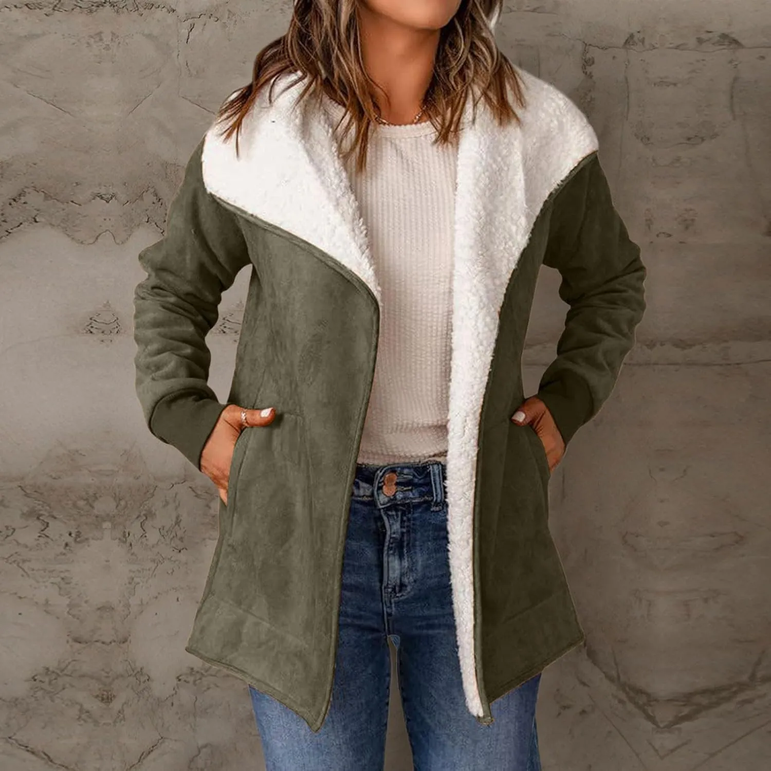 cooki Trench Coat for Women 2023 Women's Winter Warm Stand Collar Sherpa Lined Outerwear Fleece Jacket Coats Winter Warm Coat