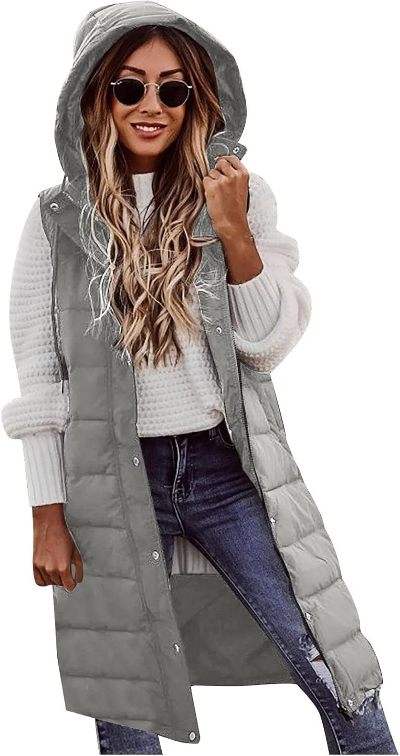 COTECRAM Puffer Vest Women Fashion Plus Size Sleeveless Winter Coats Zip Up Hoodie Casual Long Puffer Jacket Warm Outerwear
