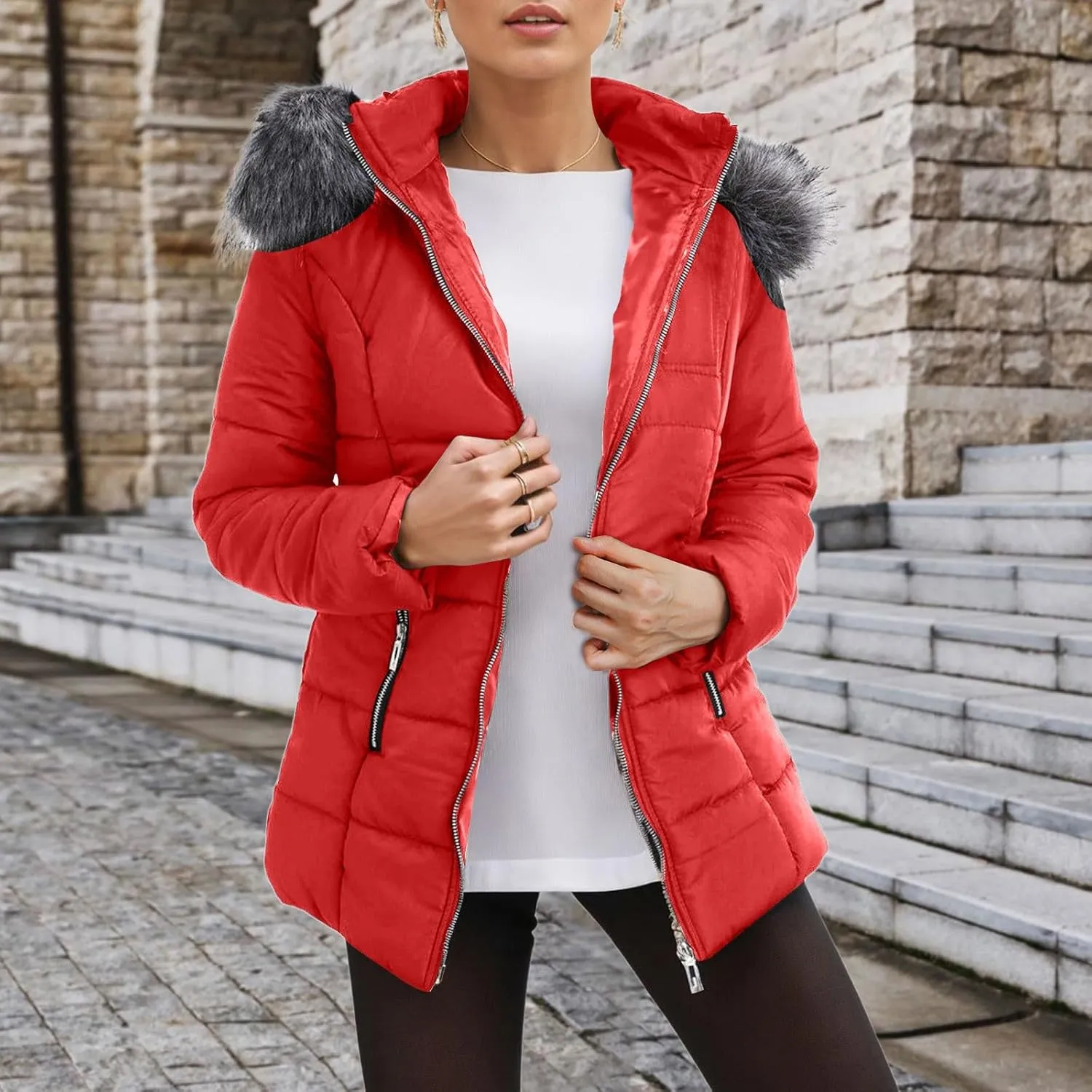 Cropped Puffer Jacket Women Ultralight Down Coat Packable Parkas Jacket Water-Resistant Zip Up Winter Hooded Quilted Coat
