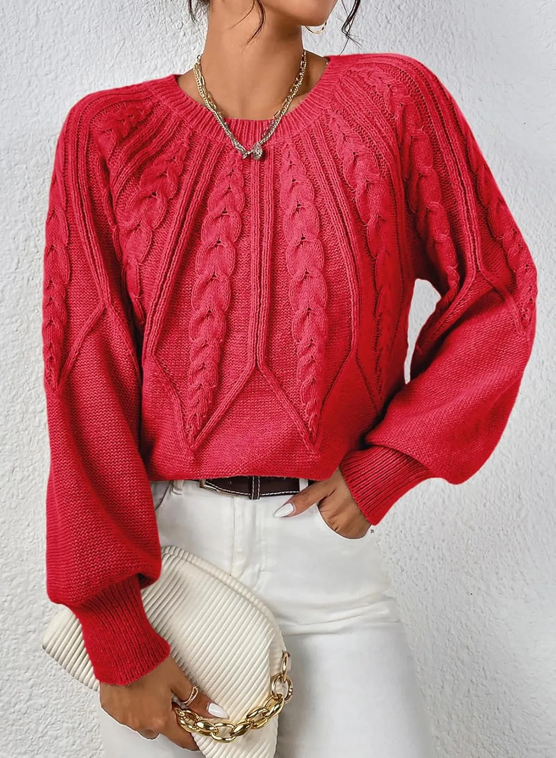 Dokotoo Womens Sweaters Crewneck Long Sleeve Cable Knit Chunky Sweater Tops Fashion 2024 Fall Outifits