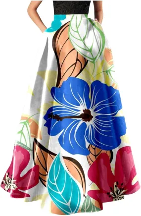 Floral Printed Maxi Skirts for Women High Waisted Long Skirts Boho Floor Length Flowy A Line Maxi Skirt with Pockets