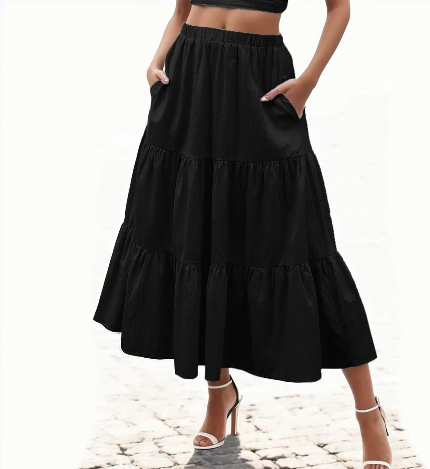 Flowy Maxi Skirt for Women Elastic High Waist Pleated Long A-Line Skirts Boho Tiered 2025 Summer Vacation Skirt