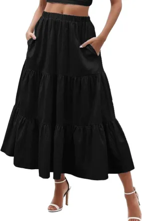 Flowy Maxi Skirt for Women Elastic High Waist Pleated Long A-Line Skirts Boho Tiered 2025 Summer Vacation Skirt