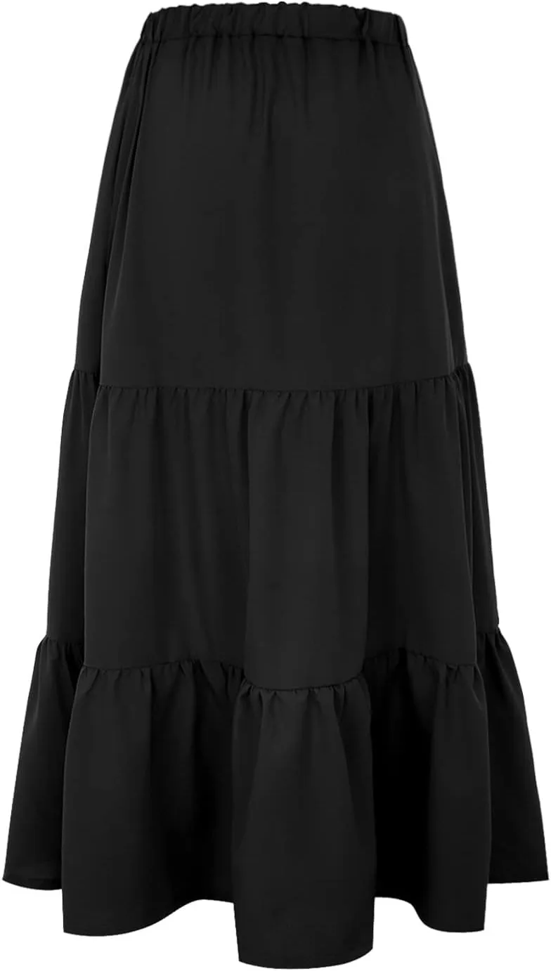 Flowy Maxi Skirt for Women Elastic High Waist Pleated Long A-Line Skirts Boho Tiered 2025 Summer Vacation Skirt