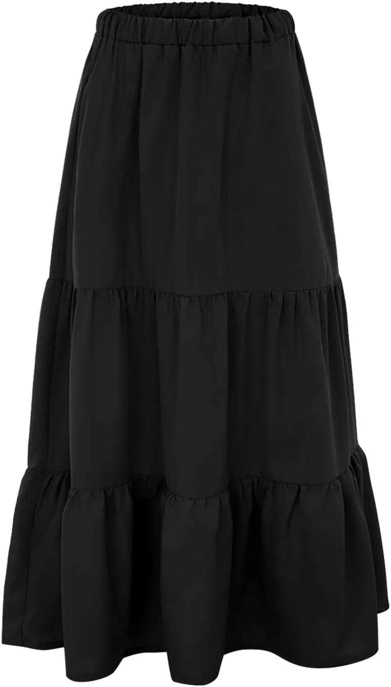 Flowy Maxi Skirt for Women Elastic High Waist Pleated Long A-Line Skirts Boho Tiered 2025 Summer Vacation Skirt