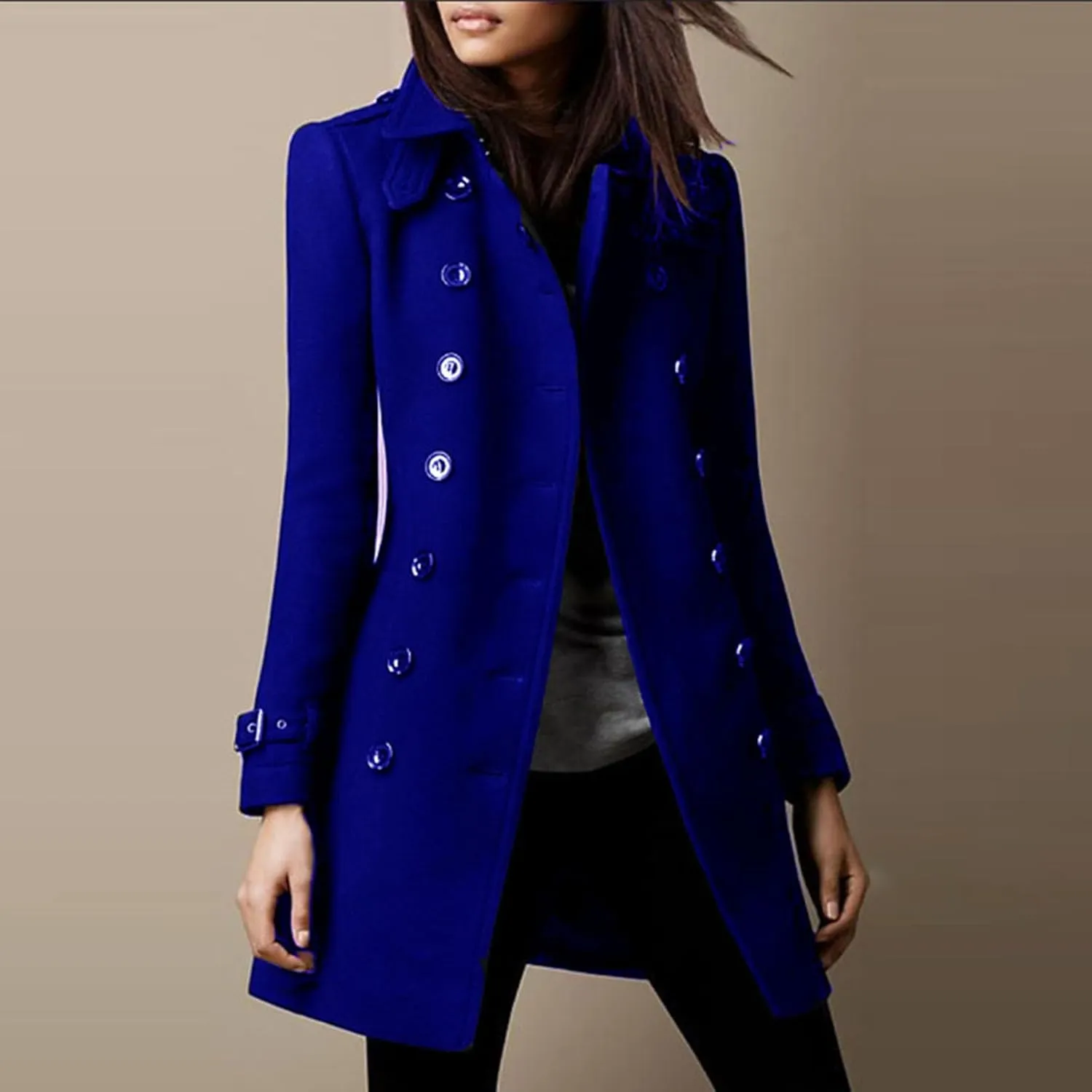 hlysgo Women Winter Mid-Length Trench Coat Double-Breasted Collar Jacket Outwear Fashion Wool Blend Button Down Overcoat