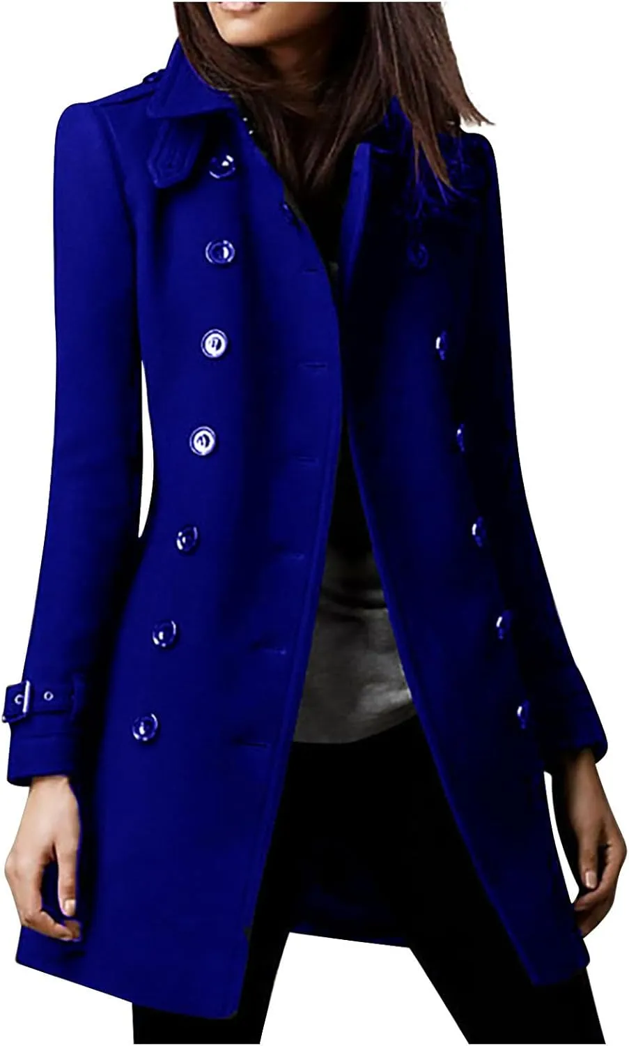 hlysgo Women Winter Mid-Length Trench Coat Double-Breasted Collar Jacket Outwear Fashion Wool Blend Button Down Overcoat