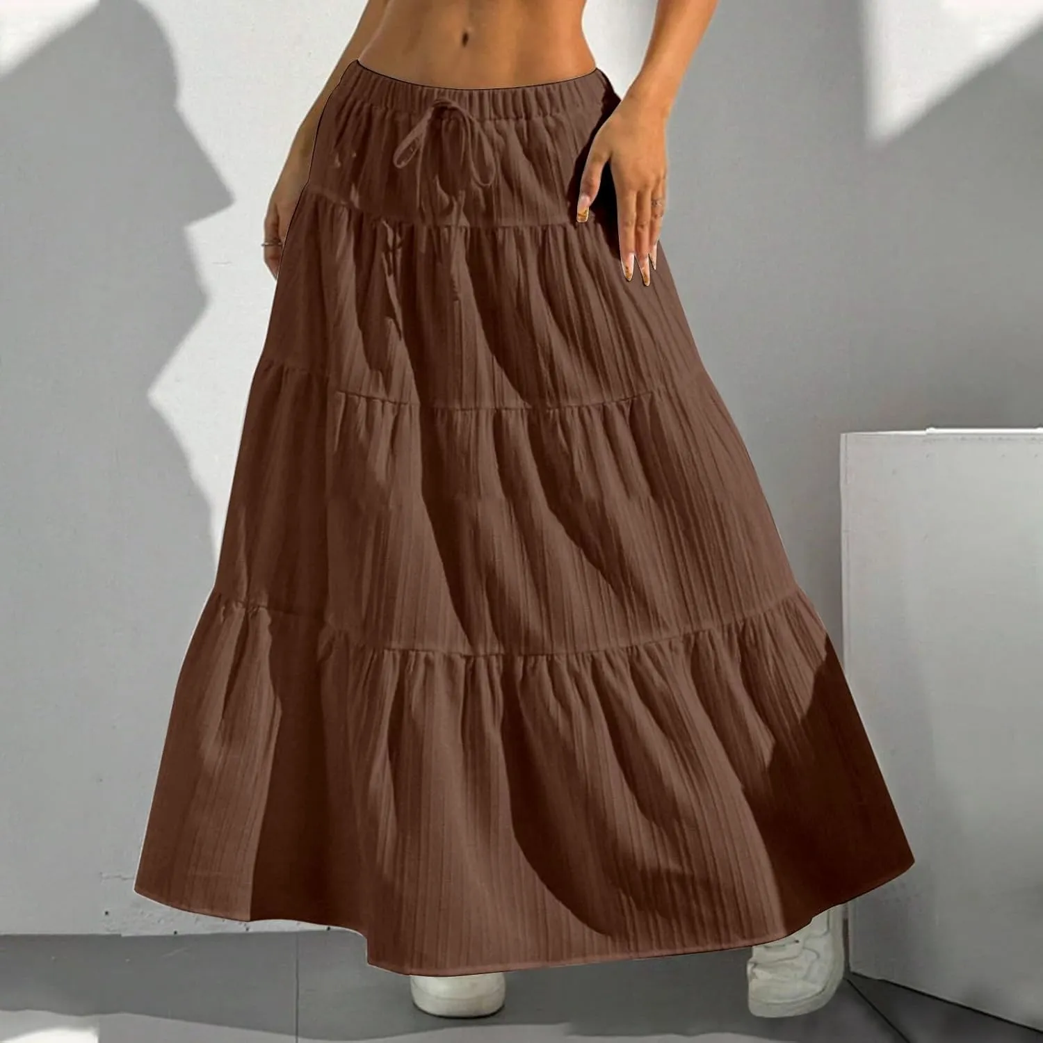 Long Flowy Skirts for Women Summer Boho Smocked Elastic Wasited Drawstring Tiered Ruffle A Line Beach Skirt